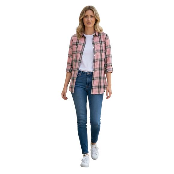 Lauren Ralph Lauren Blouse Womens XM Pink Plaid Long Sleeve Button Up Flannel - Picture 1 of 8